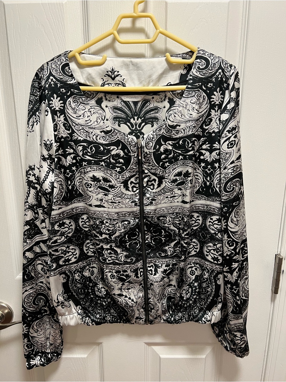 Promod Black & White Paisley Zip-Front Bomber Jacket